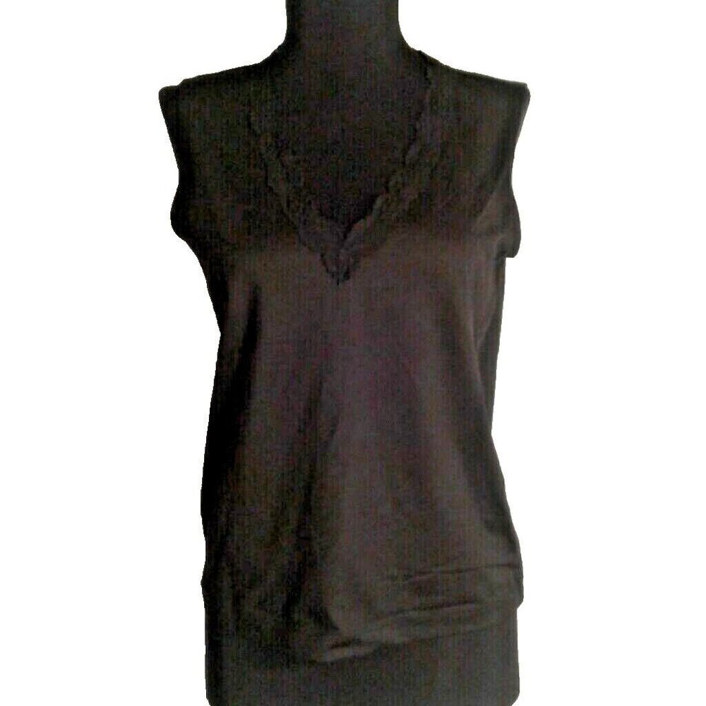 Chicos Size 1 M 8 Tank Top Black Sleeveless Lace Trimmed V Neck Stretch Layering